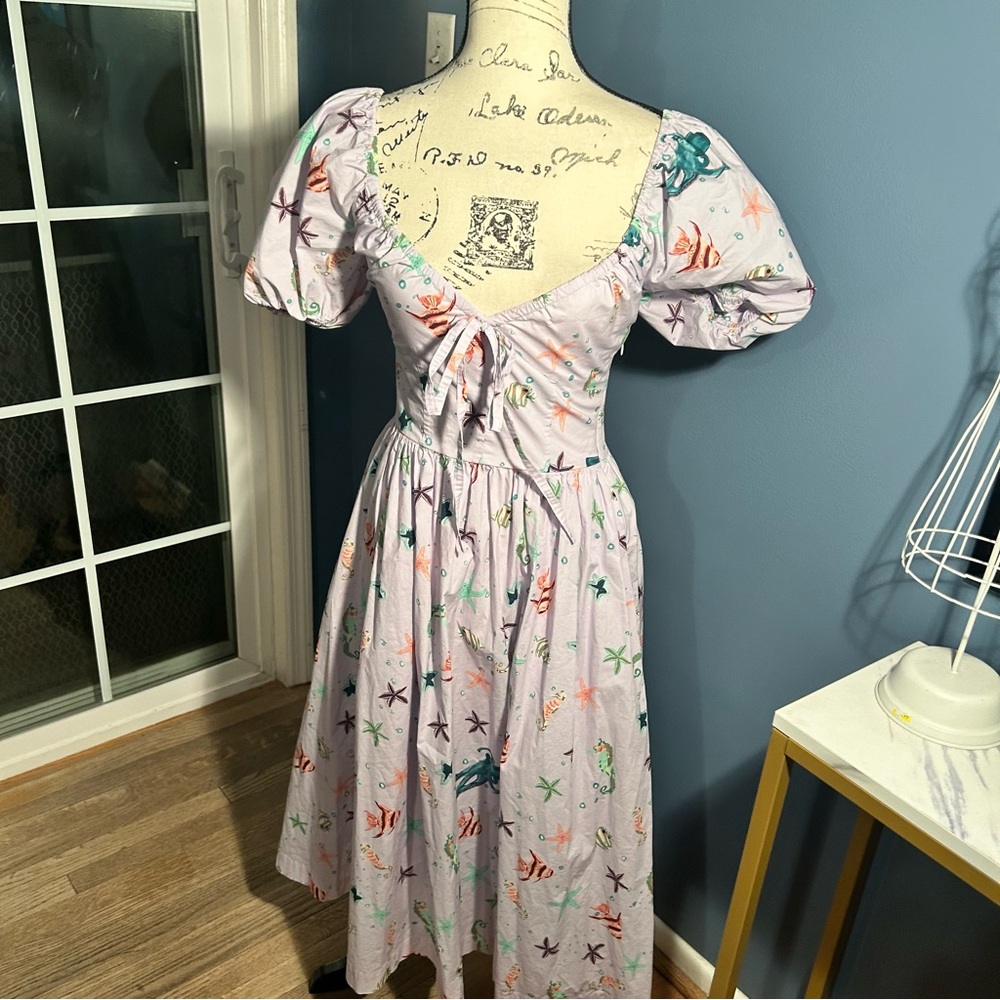 Hill House Sea Creatures Fish Print Puff Sleeve Midi Ophelia Dress - Picture 2 of 14